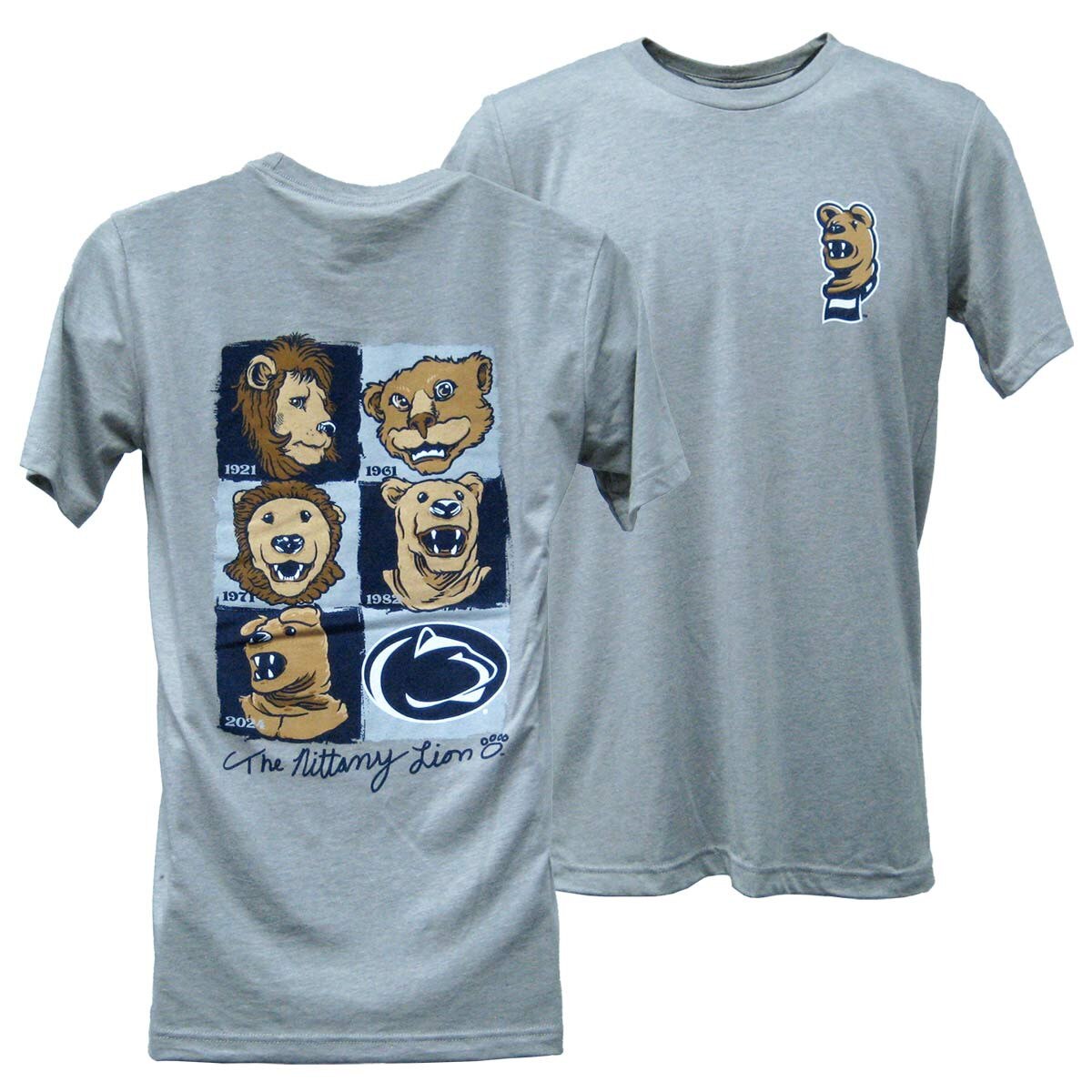 gray short sleeve t-shirt with evolution of the Penn State Nittany Lion Mascot